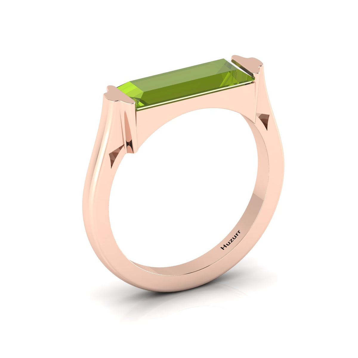 Baguette-Cut Peridot Rose Gold Plated Bar Ring