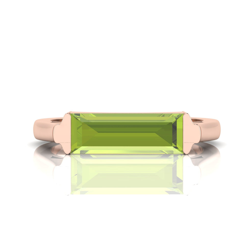 Baguette-Cut Peridot Rose Gold Plated Bar Ring