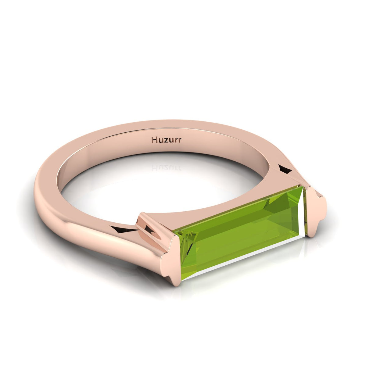 Baguette-Cut Peridot Rose Gold Plated Bar Ring