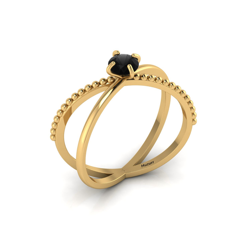 Round Black Diamond Criss Cross Stackable Gold Plated Ring