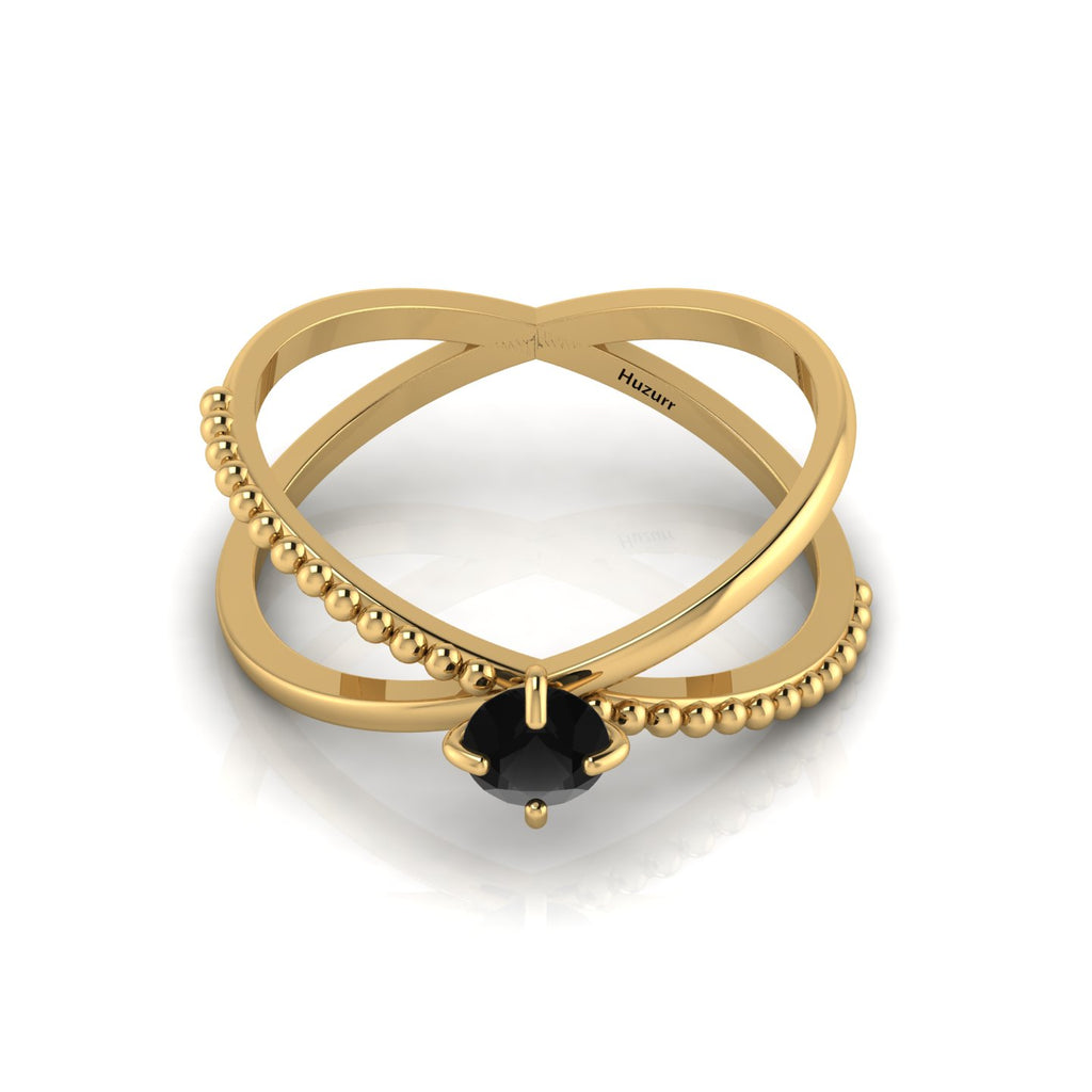 Round Black Diamond Criss Cross Stackable Gold Plated Ring