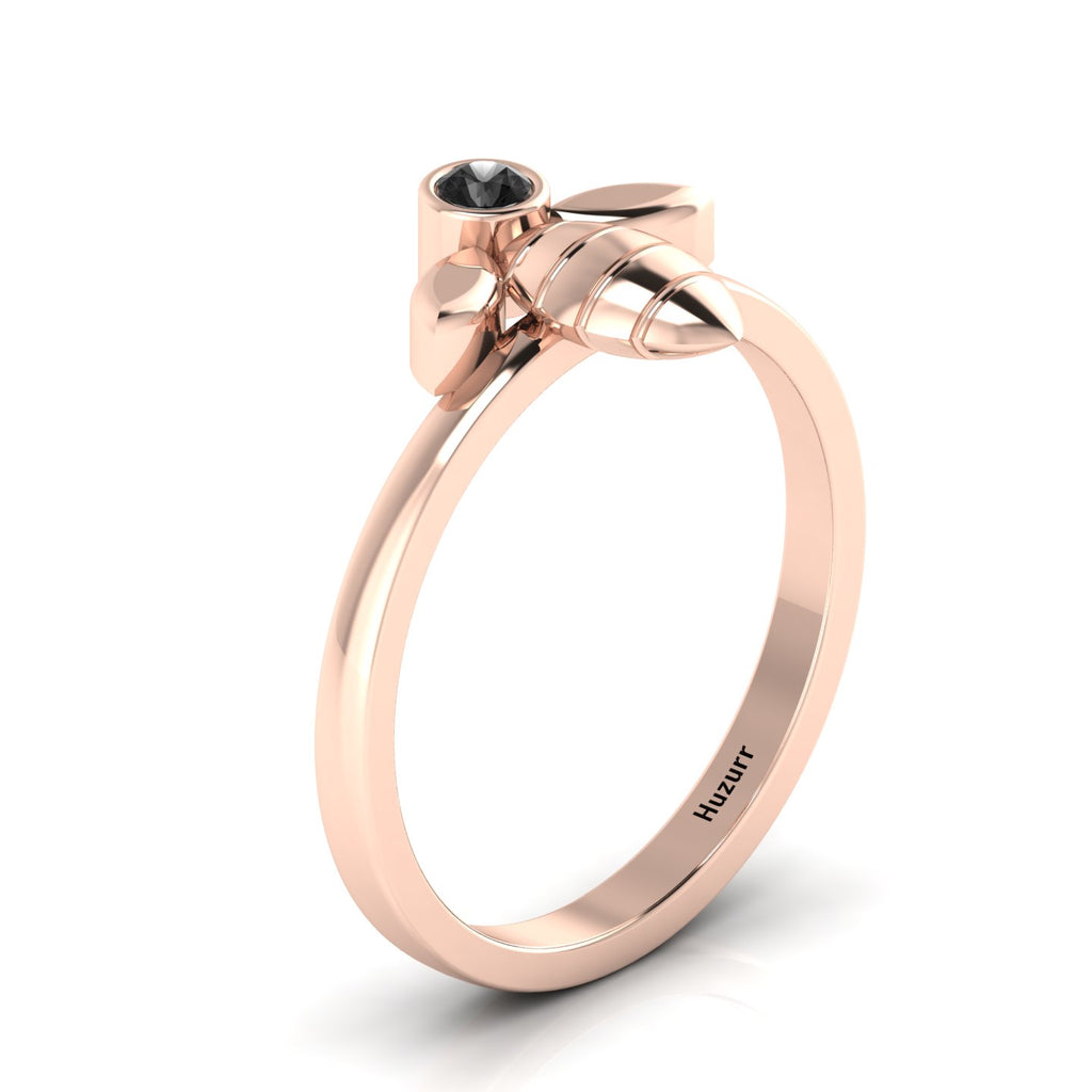 Round Black Diamond Rose Gold Plated Solitaire Honeybee Ring