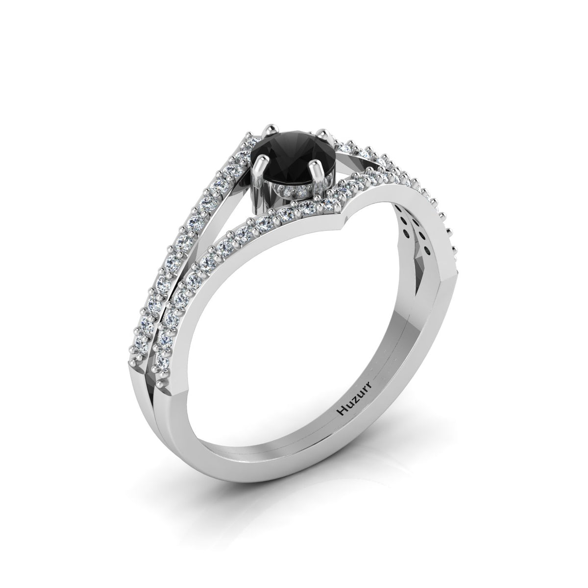 Round Black & White Diamond Wishbone 925 Silver Solitaire Ring