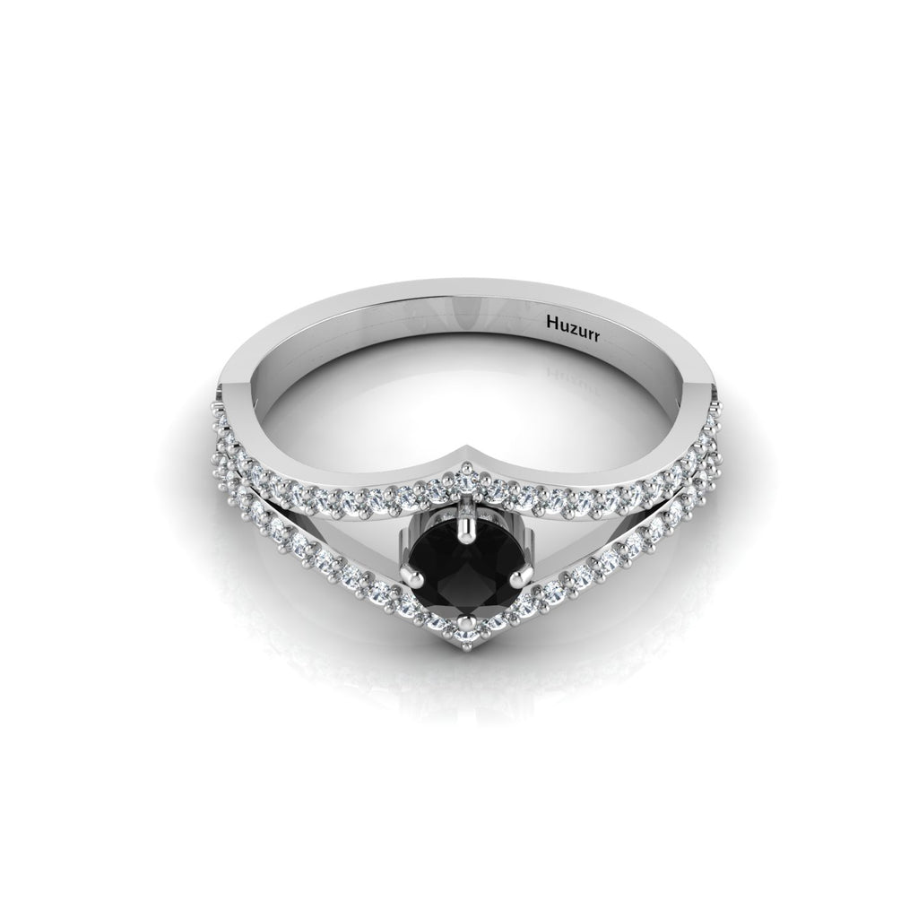 Round Black & White Diamond Wishbone 925 Silver Solitaire Ring