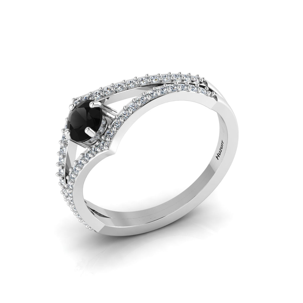 Round Black & White Diamond Wishbone 925 Silver Solitaire Ring