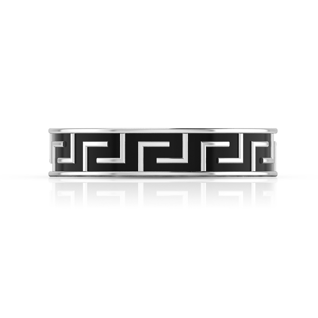 Black Enamel Maze-Design Band Silver Ring