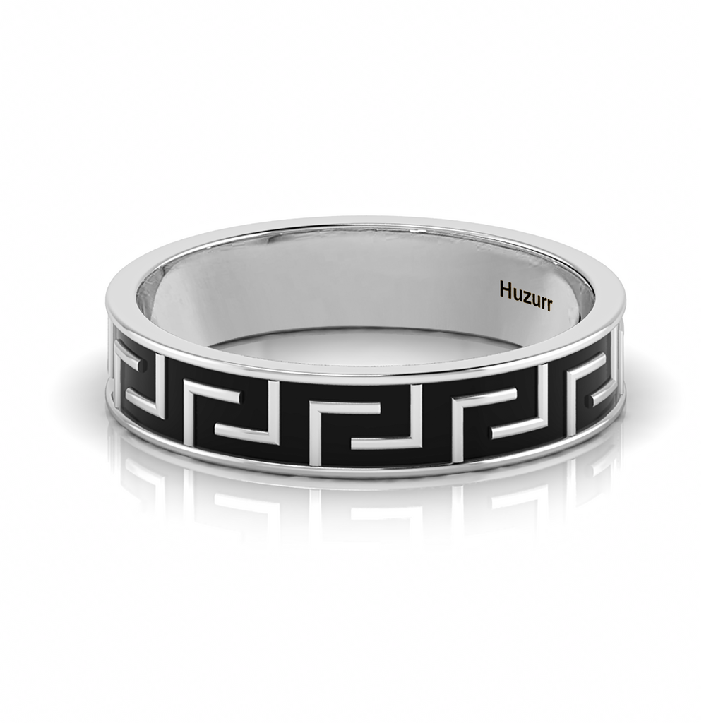 Black Enamel Maze-Design Band Silver Ring