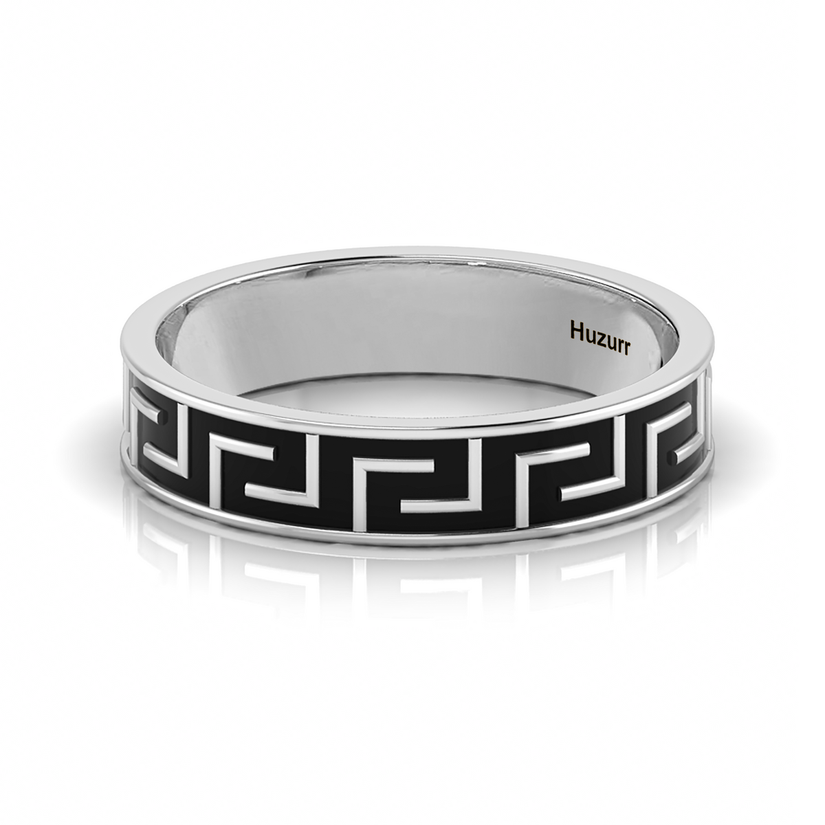 Black Enamel Maze-Design Band Silver Ring
