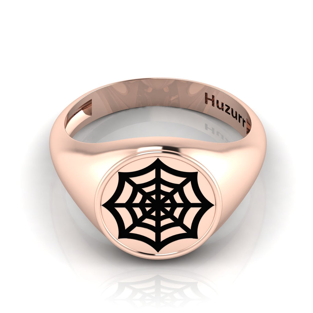 Black Enamel Spider Net Engraved Rose Gold Plated Classic Signet Ring