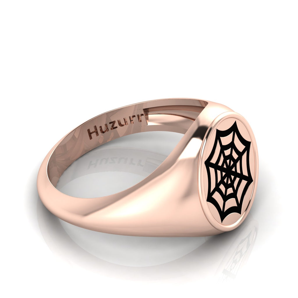 Black Enamel Spider Net Engraved Rose Gold Plated Classic Signet Ring