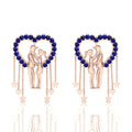 Rose Gold Plated Couple Heart Hanging Blue Sapphire Earrings