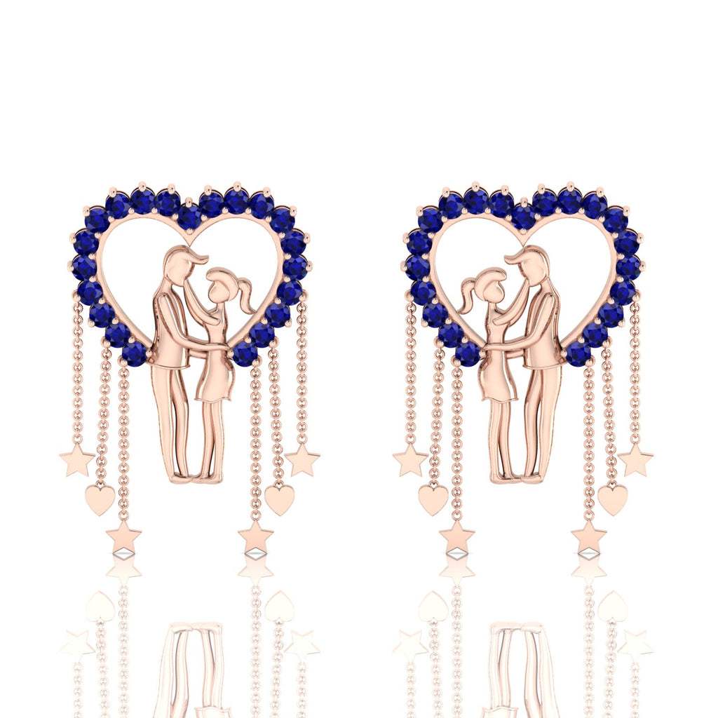 Rose Gold Plated Couple Heart Hanging Blue Sapphire Earrings