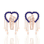 Rose Gold Plated Couple Heart Hanging Blue Sapphire Earrings
