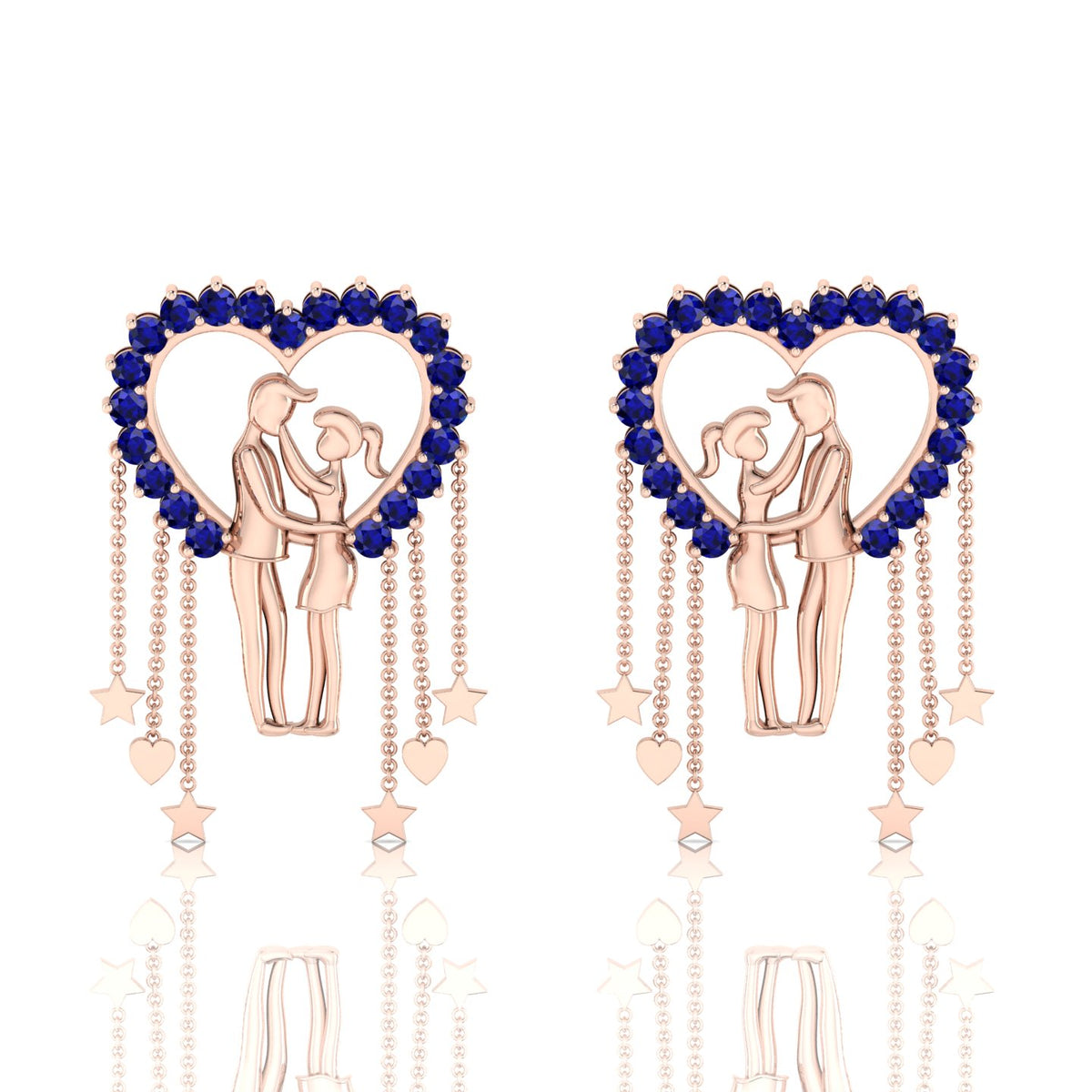 Rose Gold Plated Couple Heart Hanging Blue Sapphire Earrings