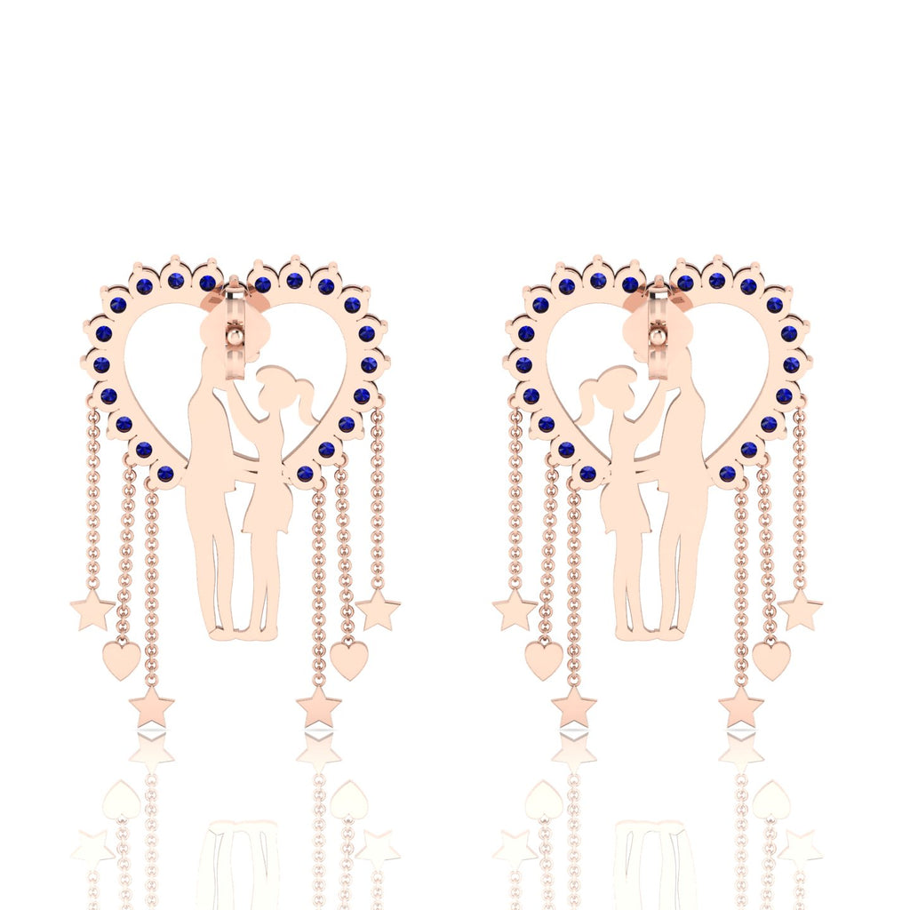 Rose Gold Plated Couple Heart Hanging Blue Sapphire Earrings