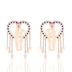 Rose Gold Plated Couple Heart Hanging Blue Sapphire Earrings