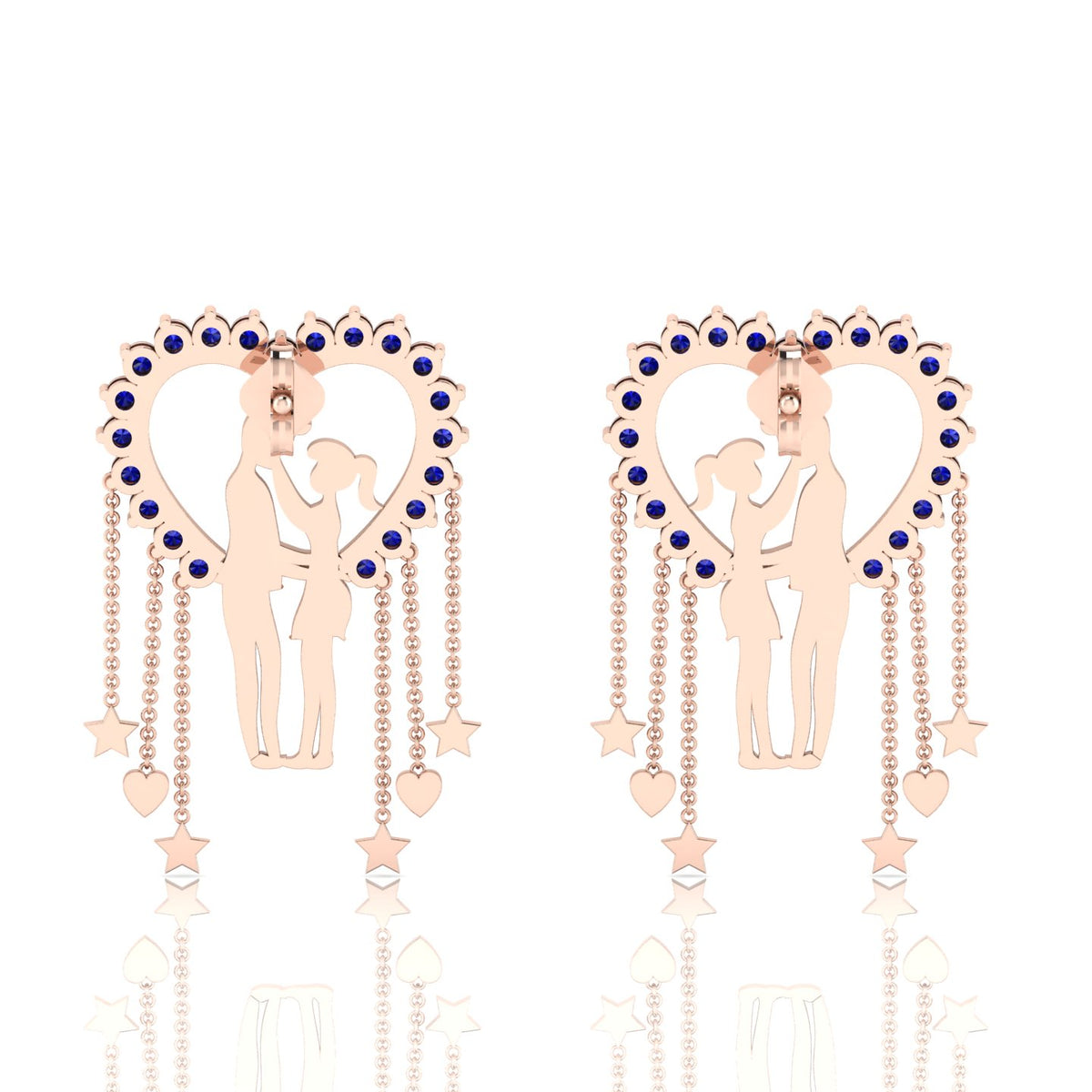 Rose Gold Plated Couple Heart Hanging Blue Sapphire Earrings