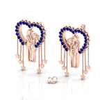 Rose Gold Plated Couple Heart Hanging Blue Sapphire Earrings