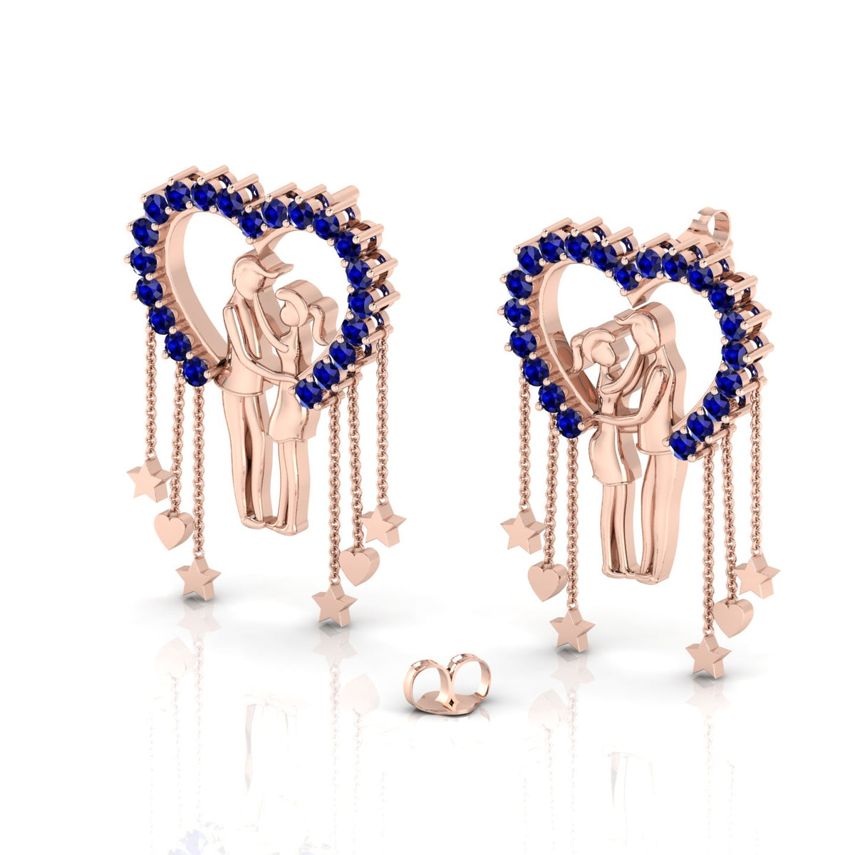 Rose Gold Plated Couple Heart Hanging Blue Sapphire Earrings