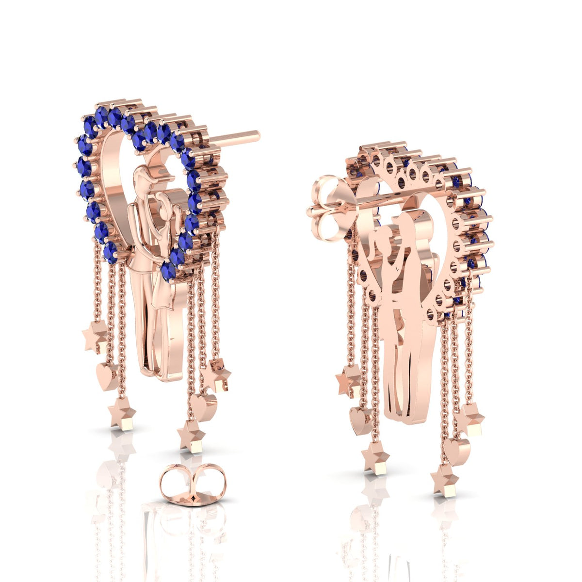 Rose Gold Plated Couple Heart Hanging Blue Sapphire Earrings