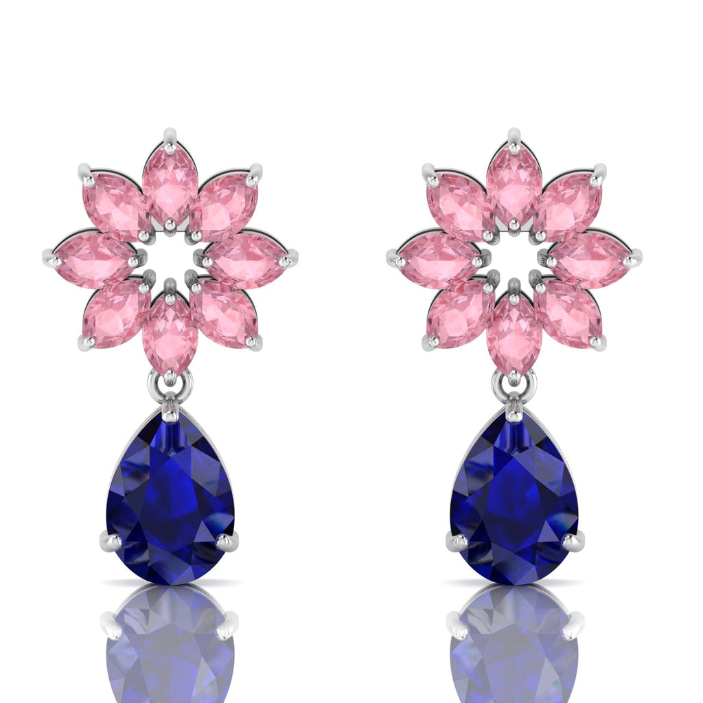 Blue Sapphire & Morganite Flower Teardrops Sterling Silver Earrings