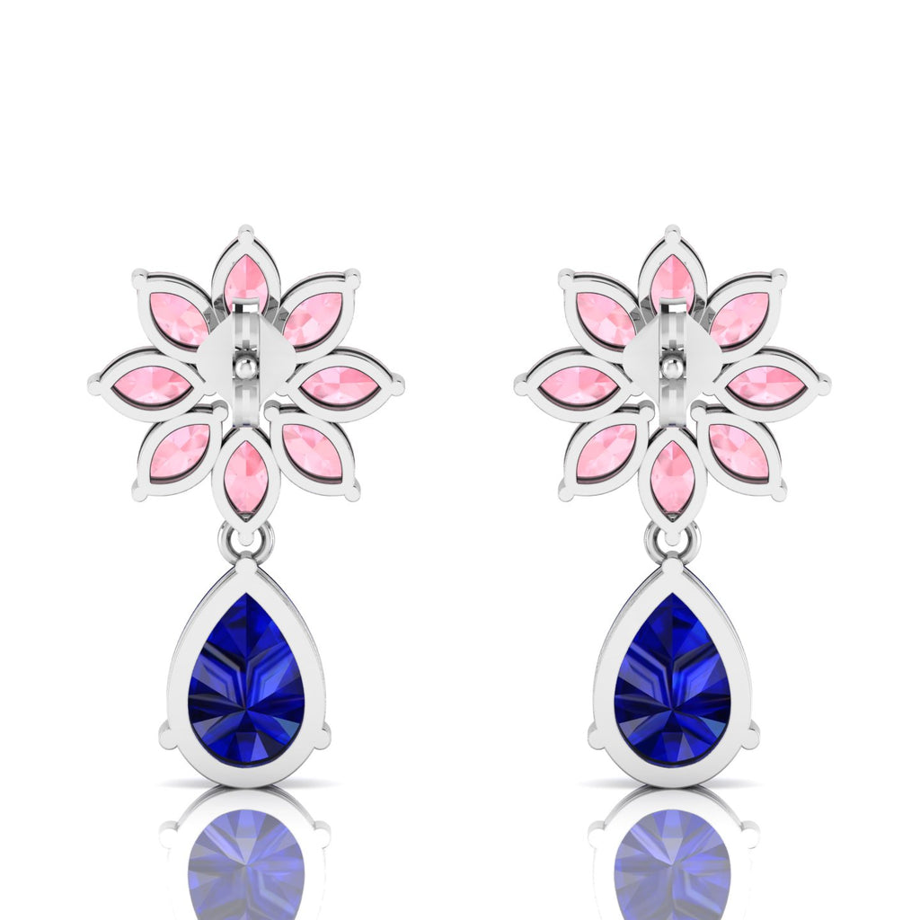 Blue Sapphire & Morganite Flower Teardrops Sterling Silver Earrings