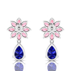 Blue Sapphire & Morganite Flower Teardrops Sterling Silver Earrings