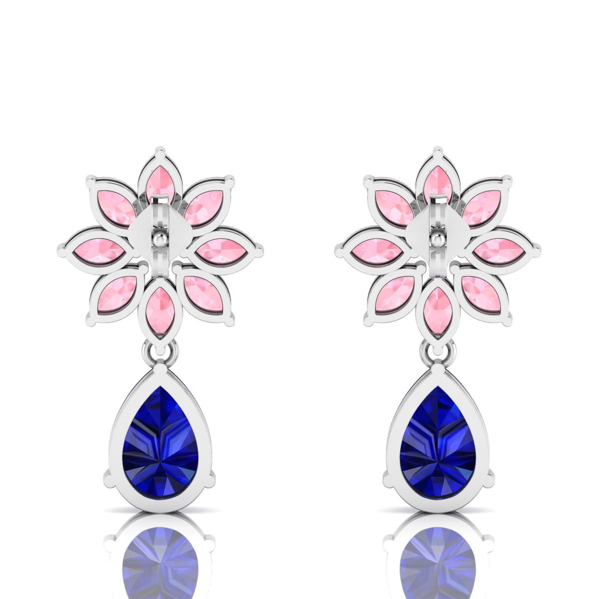 Blue Sapphire & Morganite Flower Teardrops Sterling Silver Earrings