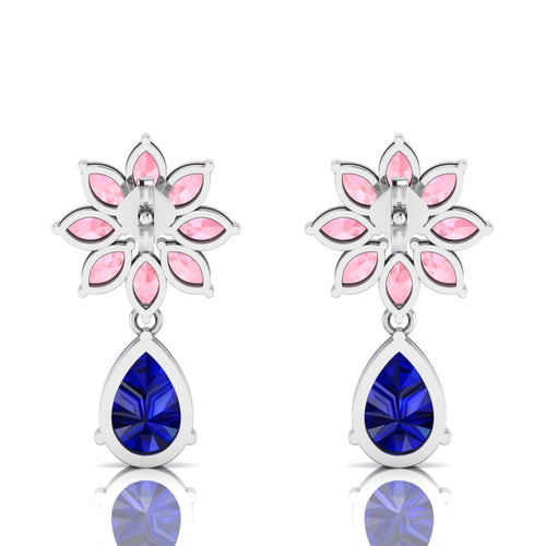 Blue Sapphire & Morganite Flower Teardrops Sterling Silver Earrings