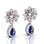 Blue Sapphire & Morganite Flower Teardrops Sterling Silver Earrings