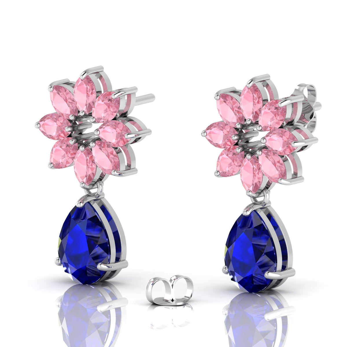 Blue Sapphire & Morganite Flower Teardrops Sterling Silver Earrings