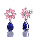 Blue Sapphire & Morganite Flower Teardrops Sterling Silver Earrings