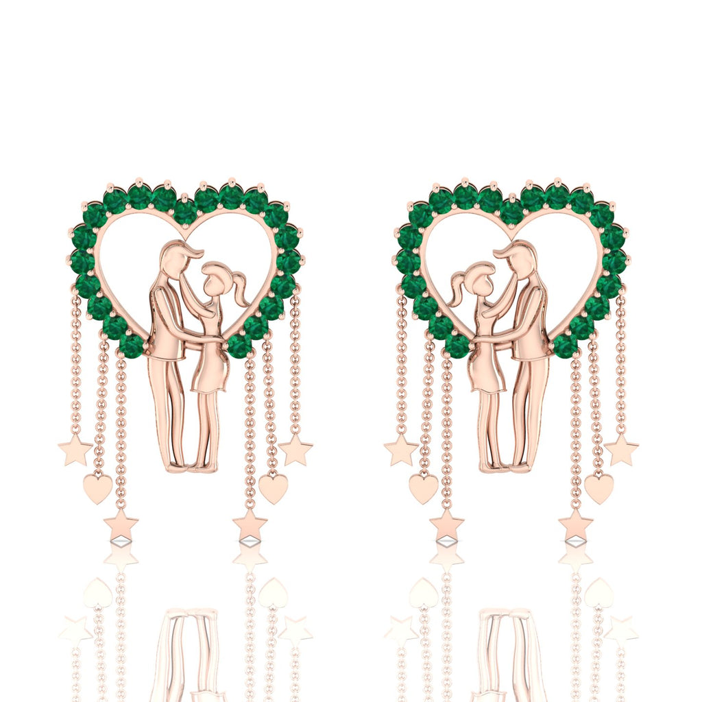 Couple Heart Hanging Rose Gold Plated Emerald Earrings