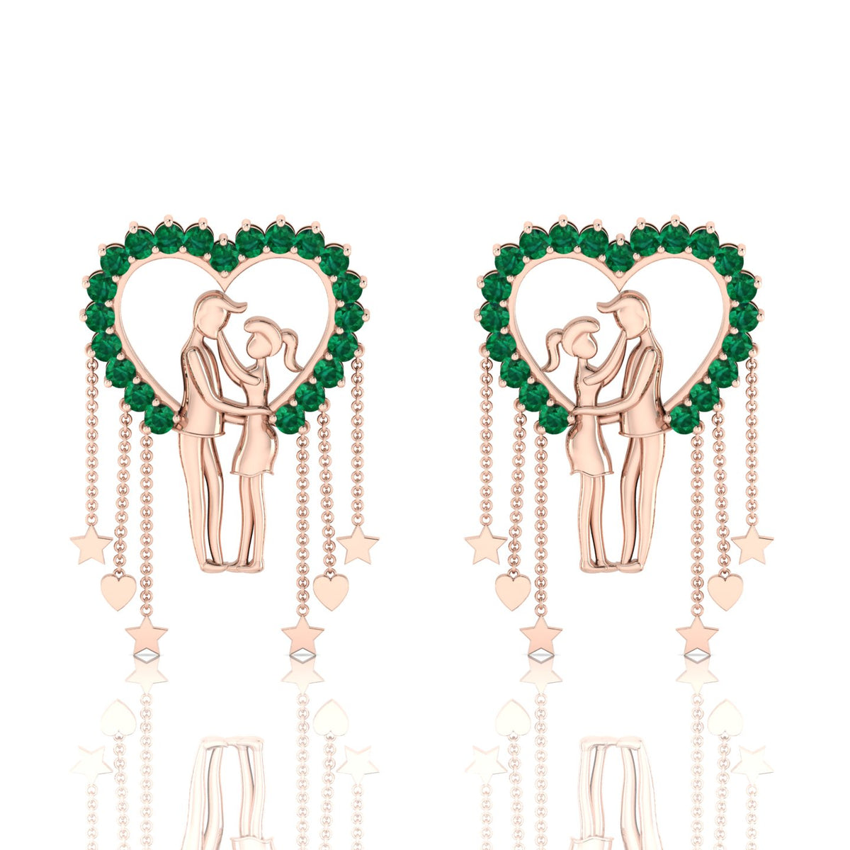 Couple Heart Hanging Rose Gold Plated Emerald Earrings