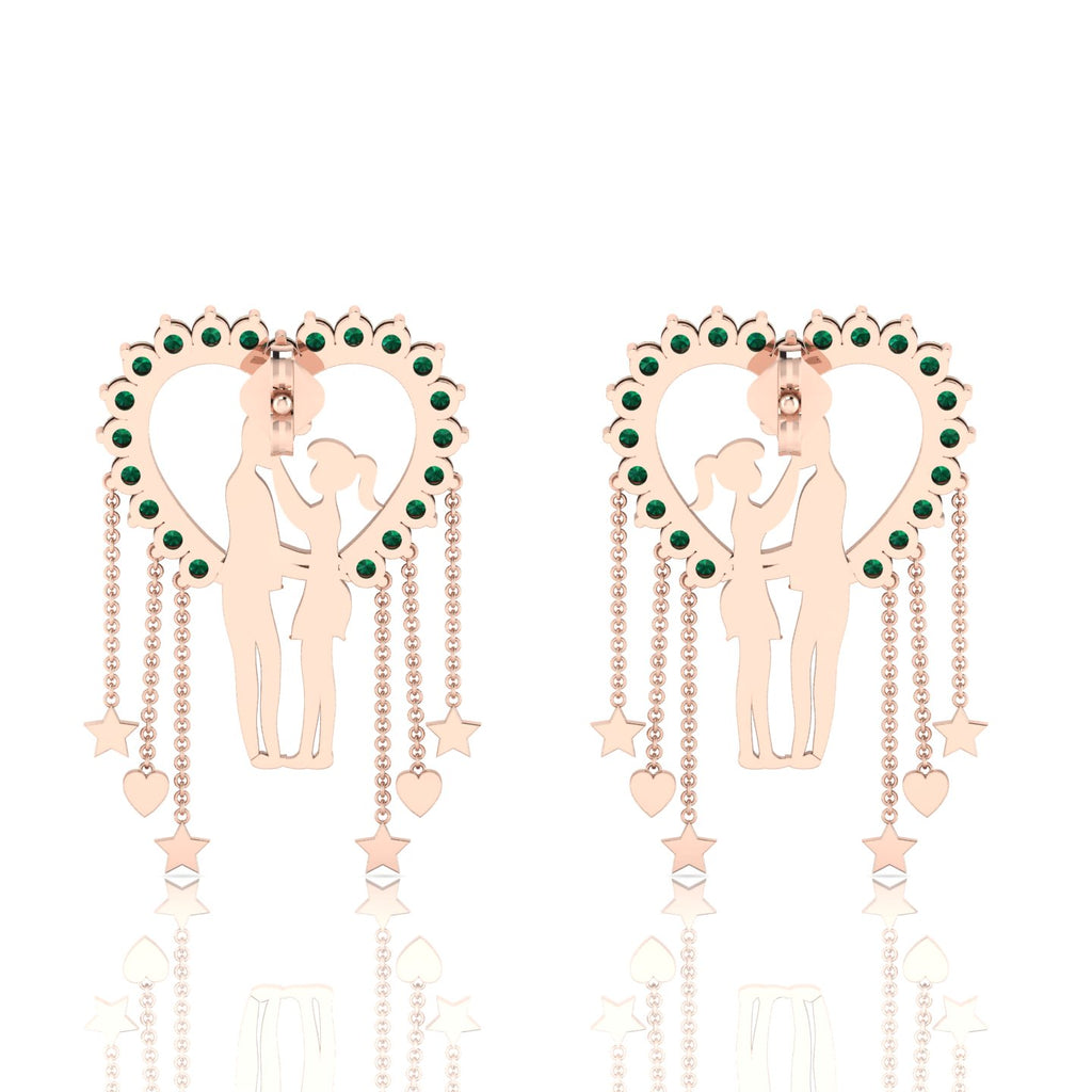Couple Heart Hanging Rose Gold Plated Emerald Earrings
