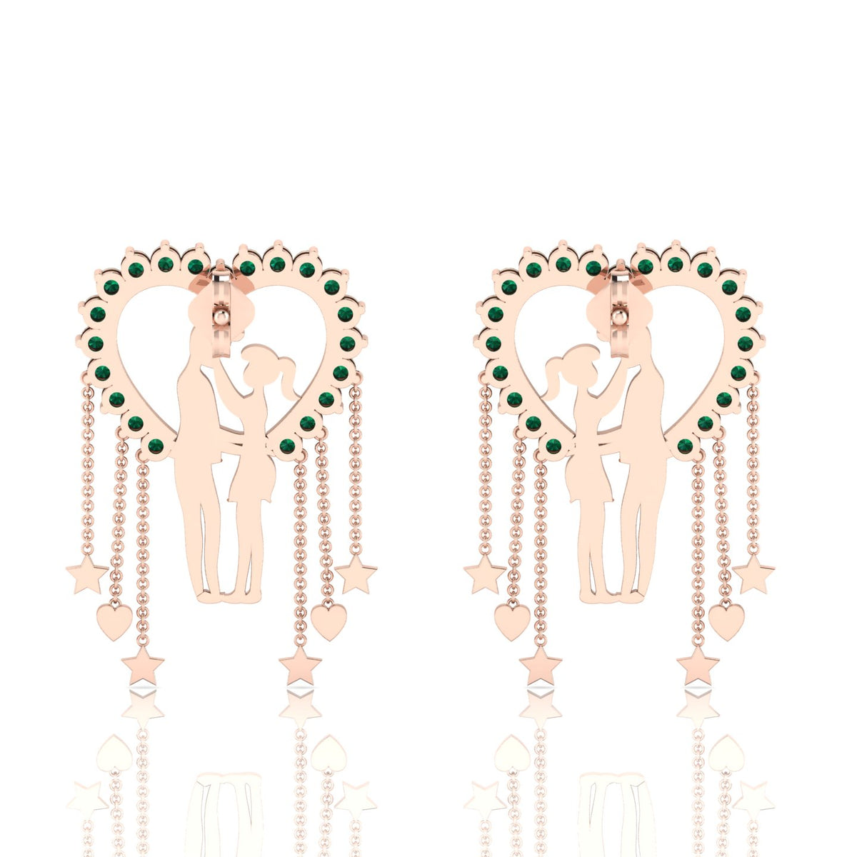 Couple Heart Hanging Rose Gold Plated Emerald Earrings