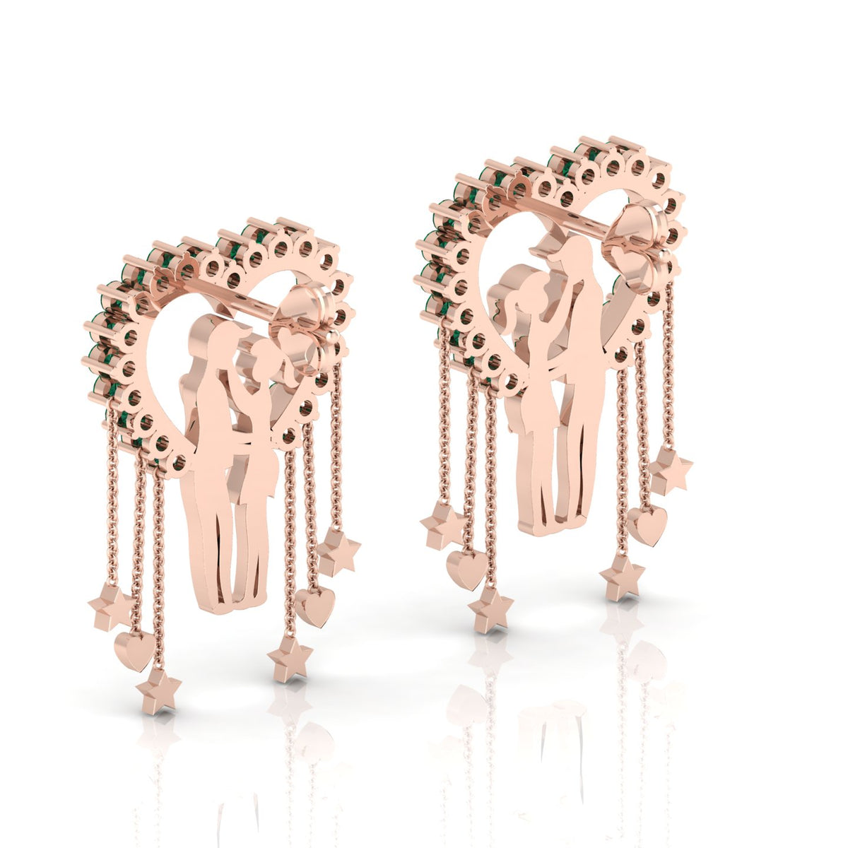Couple Heart Hanging Rose Gold Plated Emerald Earrings