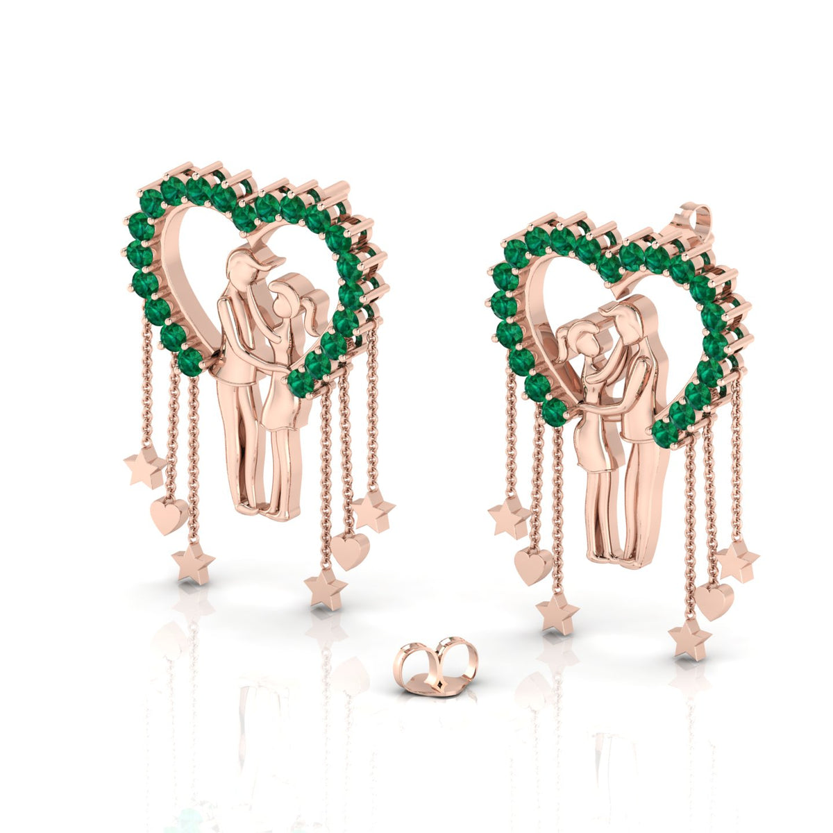 Couple Heart Hanging Rose Gold Plated Emerald Earrings