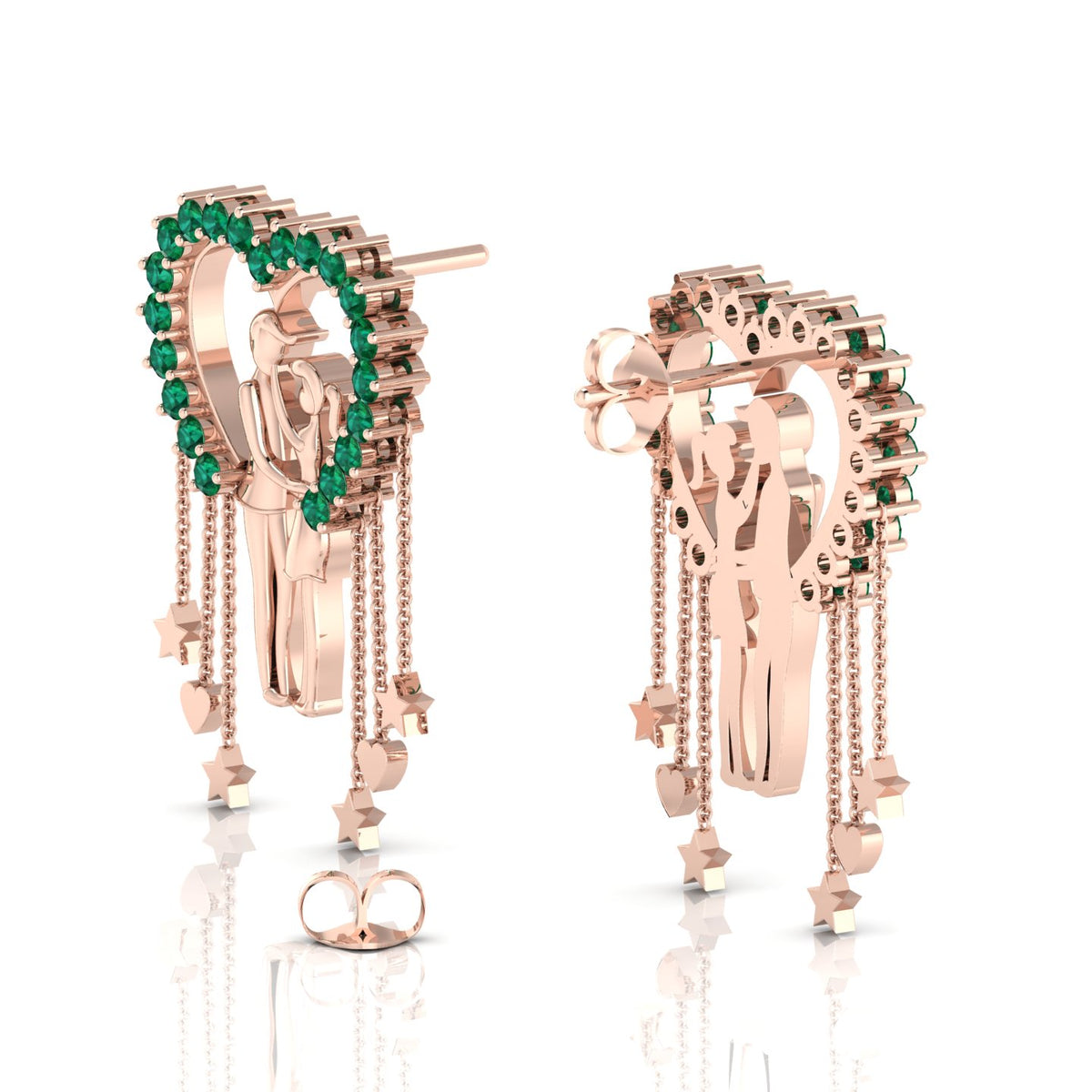 Couple Heart Hanging Rose Gold Plated Emerald Earrings