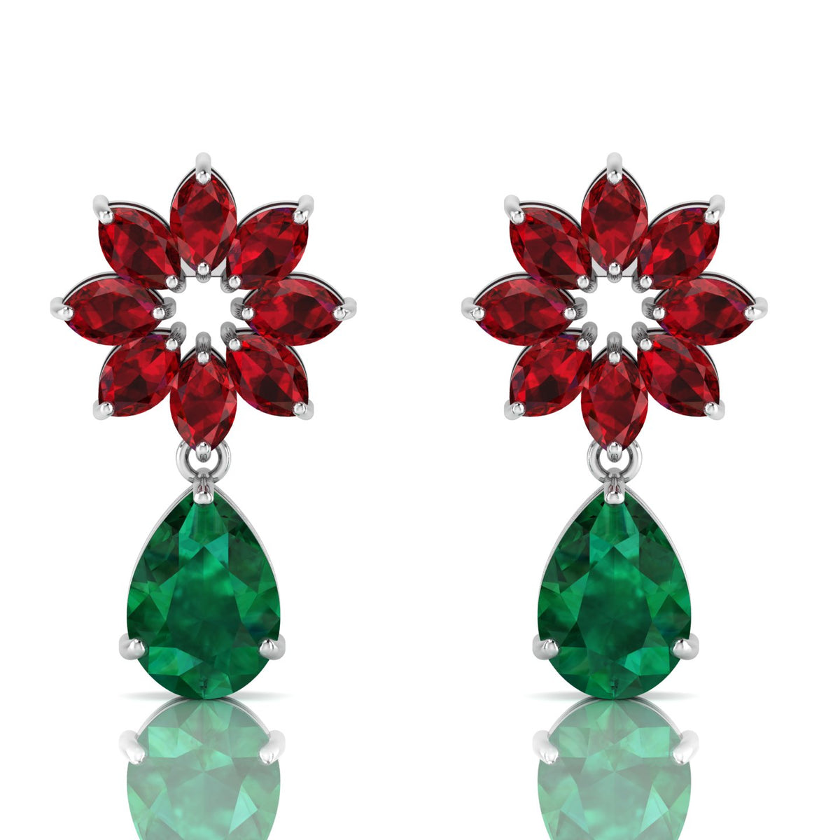 Emerald & Garnet Flower Teardrops Sterling Silver Earrings