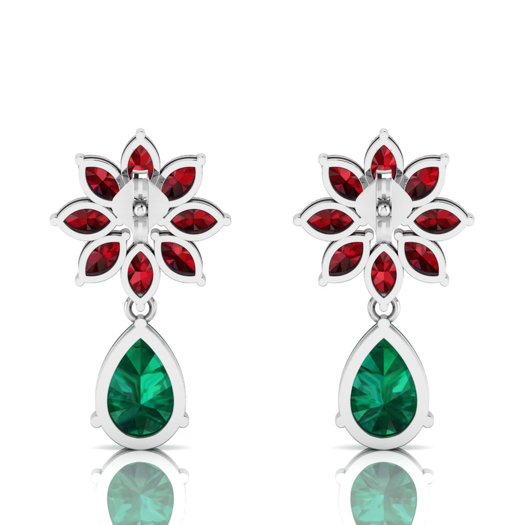 Emerald & Garnet Flower Teardrops Sterling Silver Earrings
