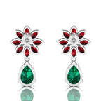 Emerald & Garnet Flower Teardrops Sterling Silver Earrings