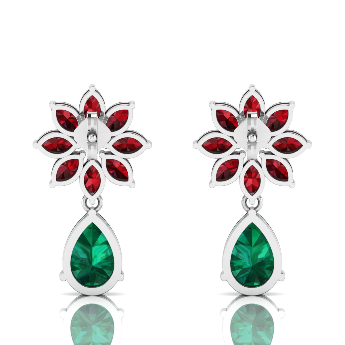 Emerald & Garnet Flower Teardrops Sterling Silver Earrings