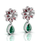 Emerald & Garnet Flower Teardrops Sterling Silver Earrings