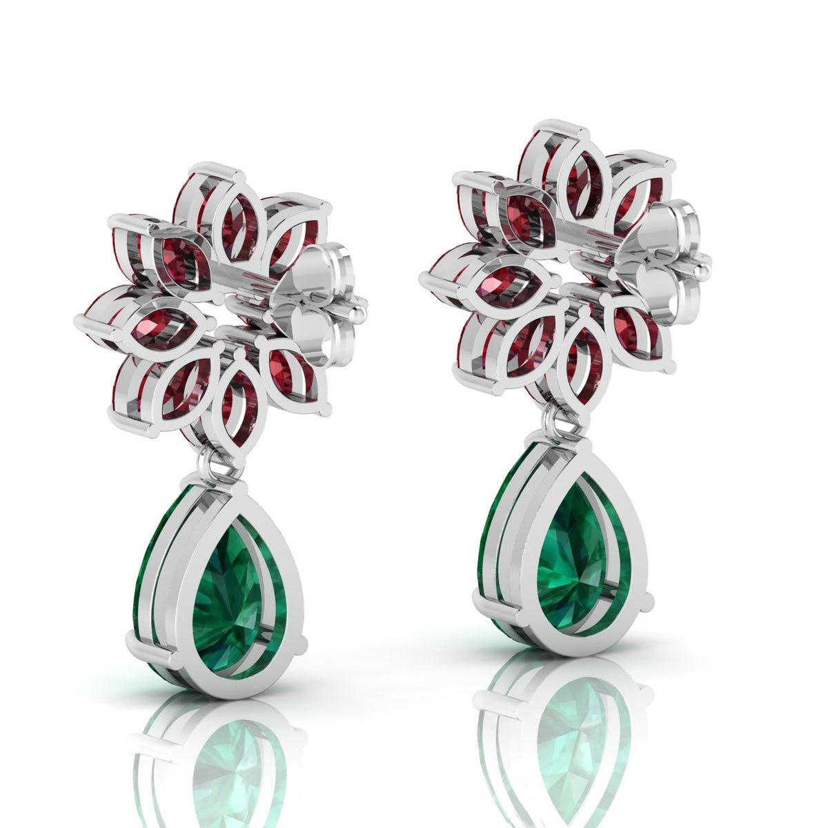 Emerald & Garnet Flower Teardrops Sterling Silver Earrings