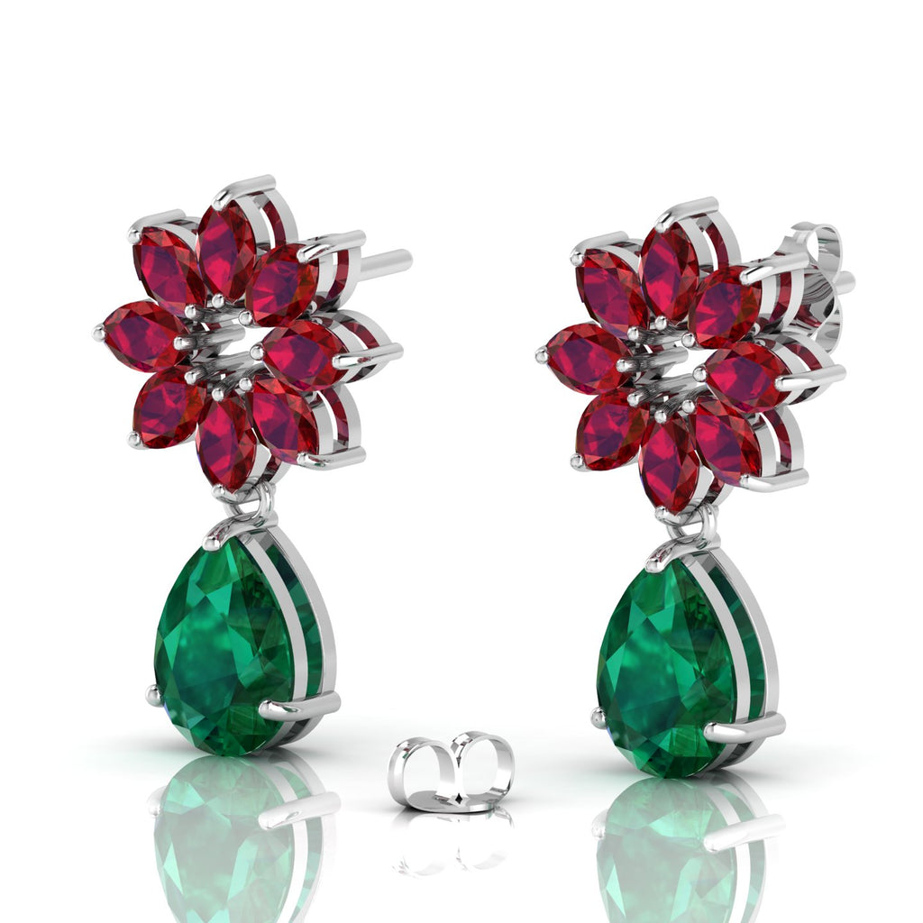 Emerald & Garnet Flower Teardrops Sterling Silver Earrings