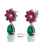 Emerald & Garnet Flower Teardrops Sterling Silver Earrings