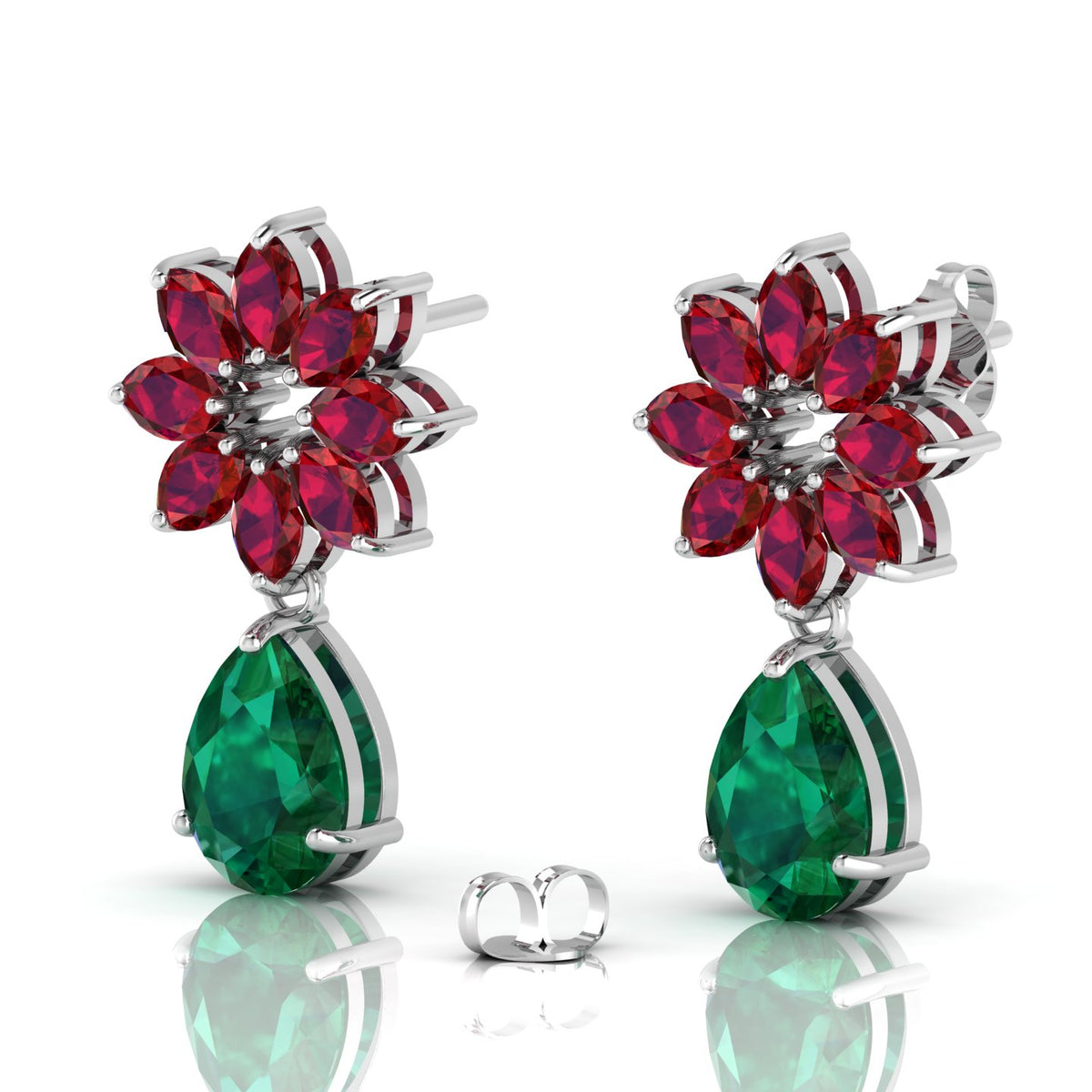 Emerald & Garnet Flower Teardrops Sterling Silver Earrings