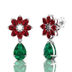 Emerald & Garnet Flower Teardrops Sterling Silver Earrings