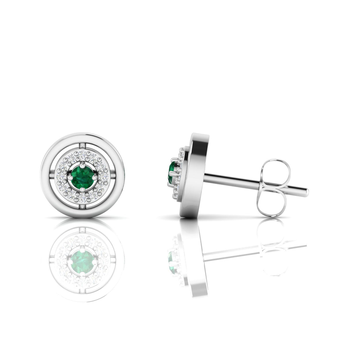 Emerald Round Halo Stud Sterling Silver Earrings